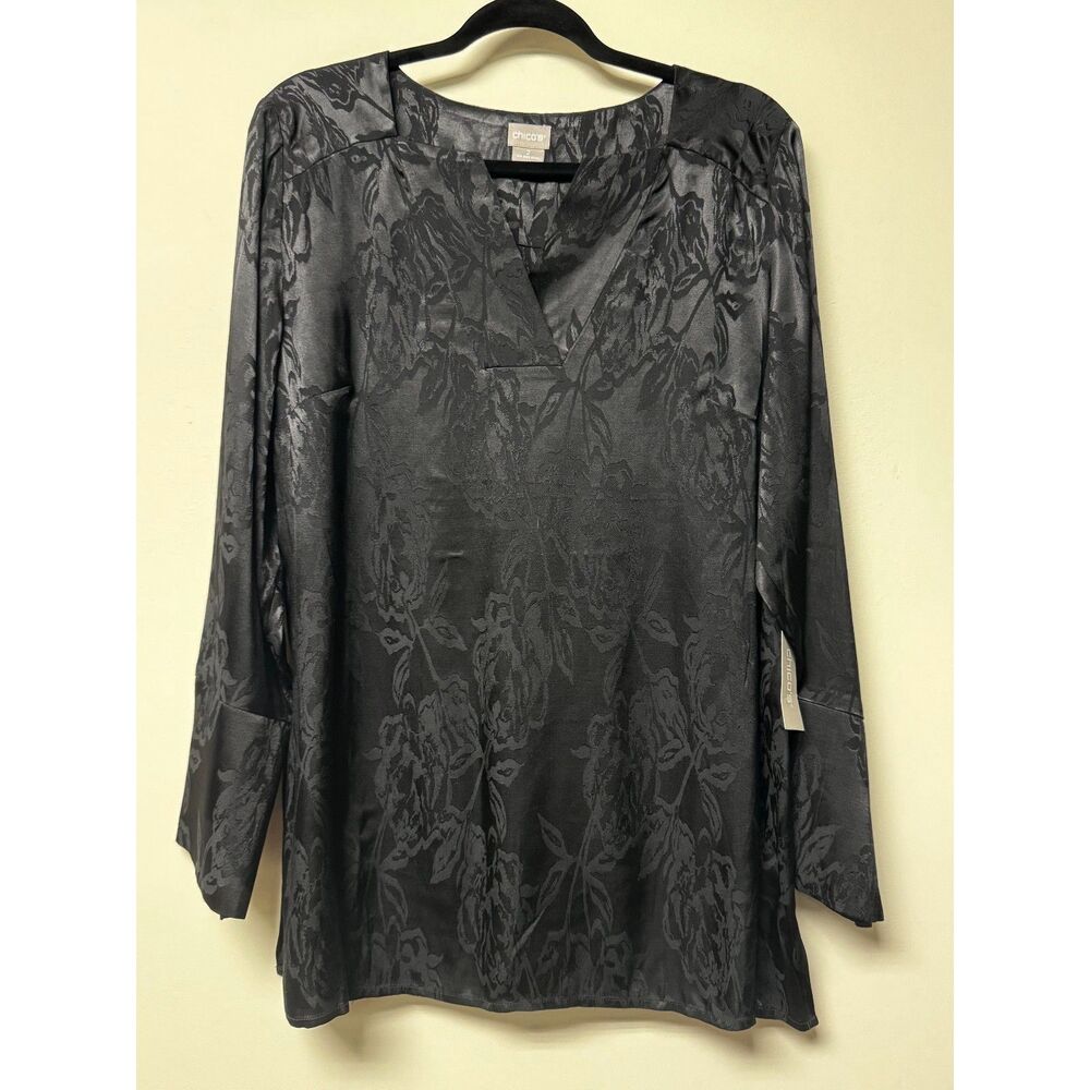 NWT - CHICO'S Black Jacquard Satin Long Sleeve Popover Blouse, Sz 2 (12/14)